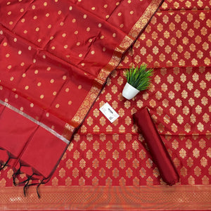 Red Tri Phool Satin Silk Banarasi Suit