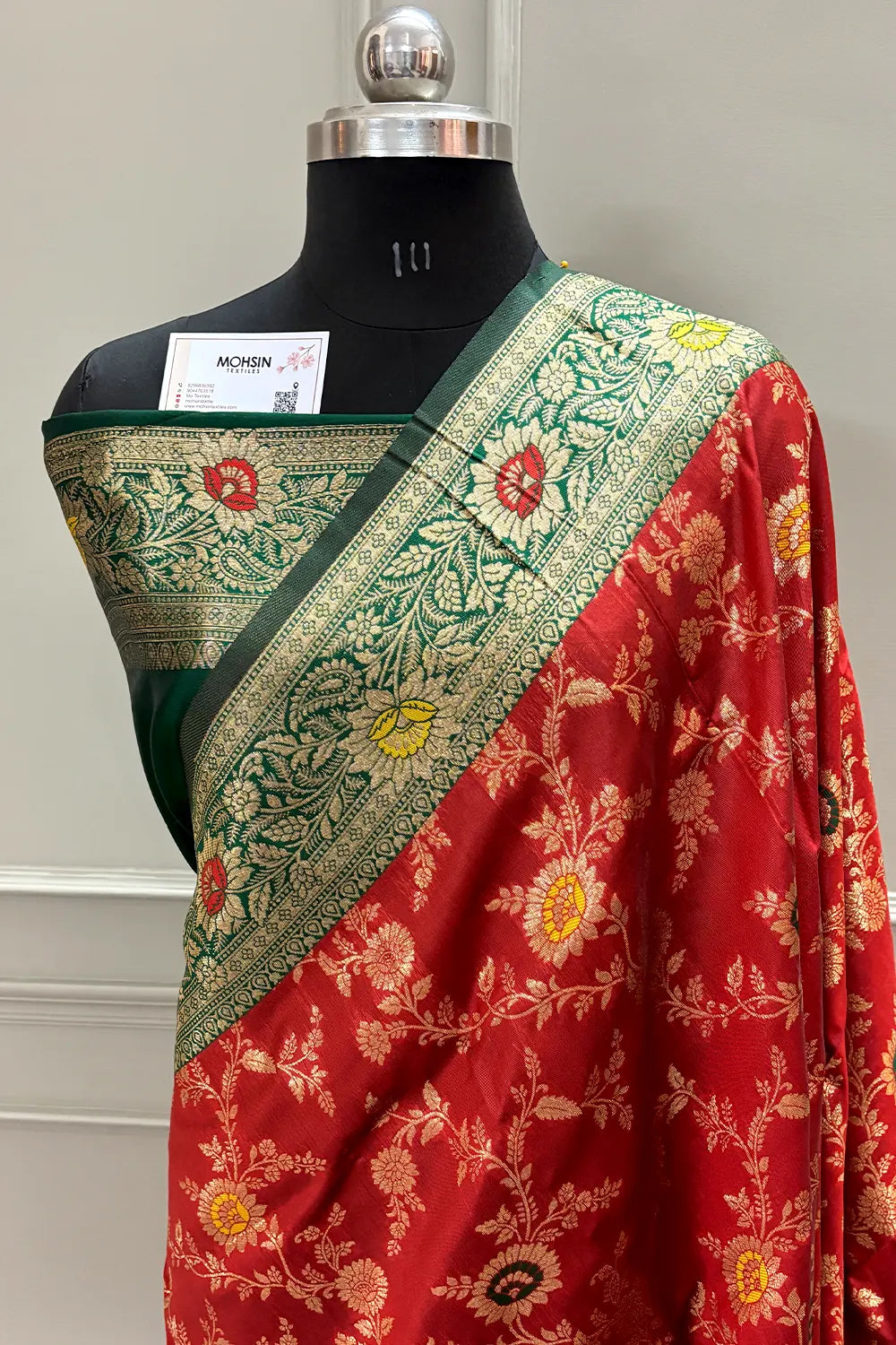 Red and Bottle Green Golden Zari Silky Banarasi Saree