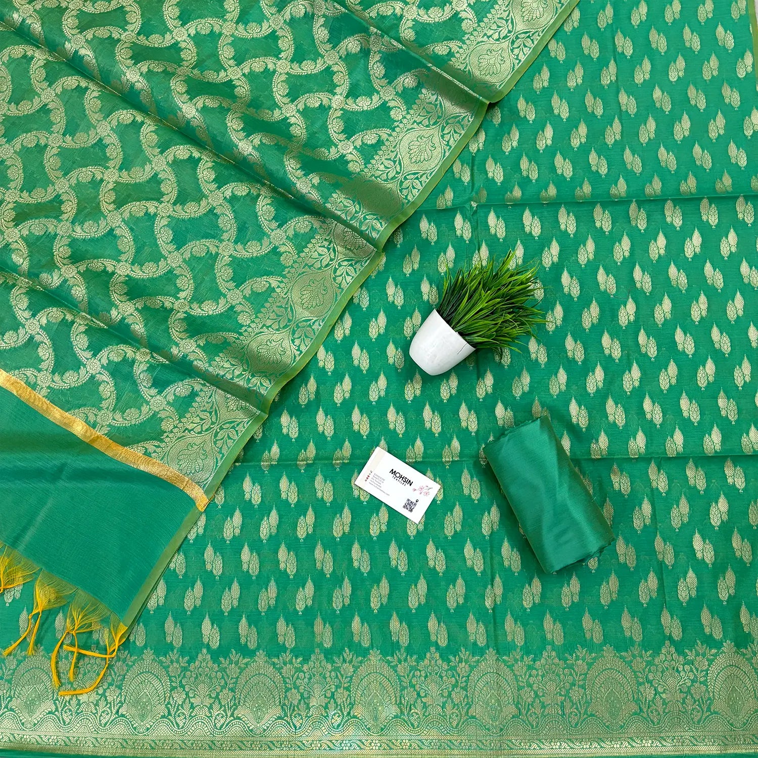 Sea Green Golden Zari Resham Silk Banarasi Suit