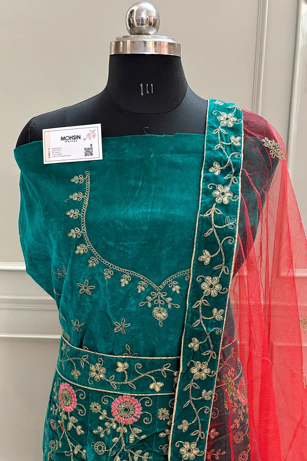 Sea Green and Red Zariwork Semi Stitched Velvet Lahenga