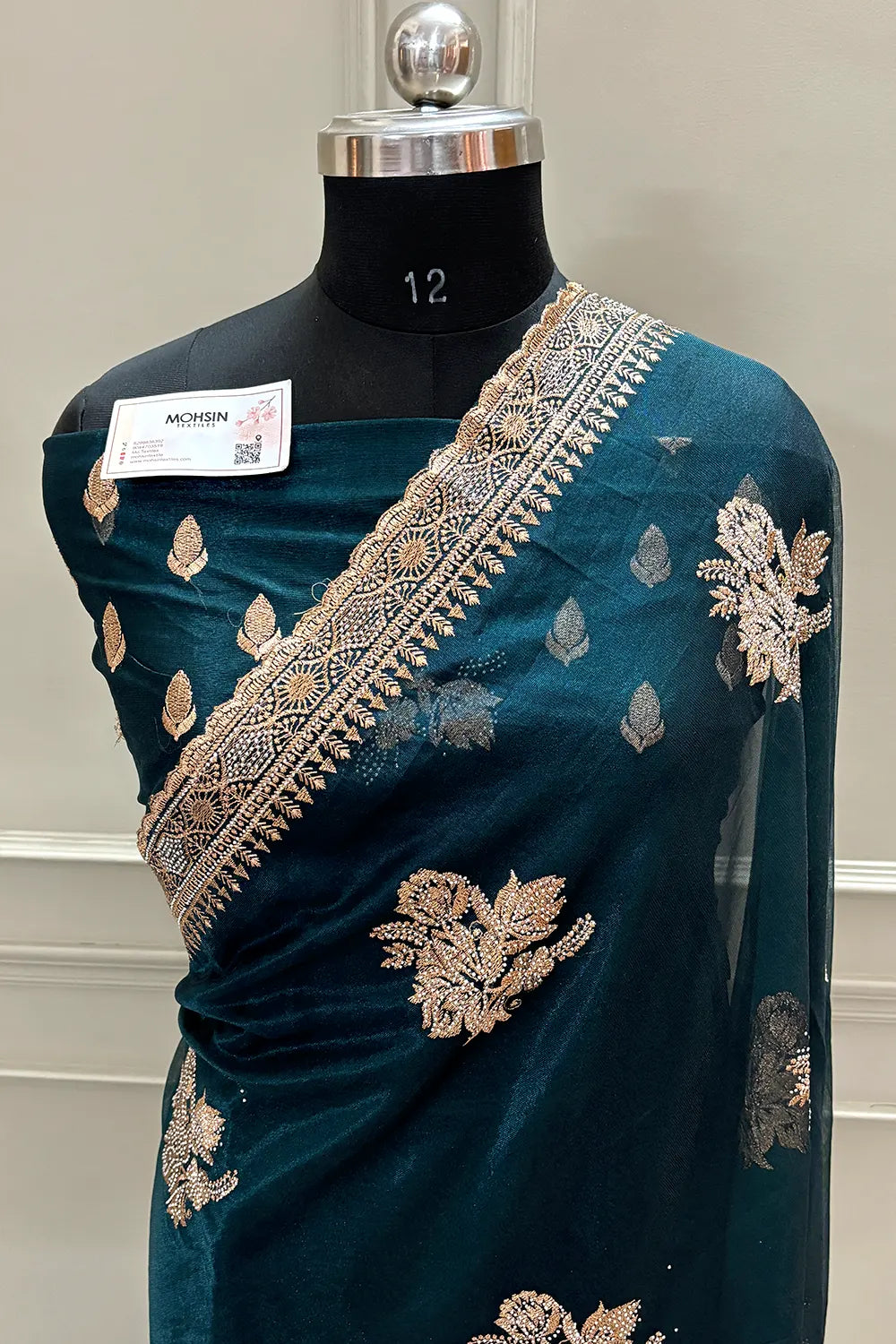 Teal Embordiery Siroski Work Silk Saree