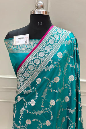 Teal Makra Jaal Katan Silk Banarasi Saree