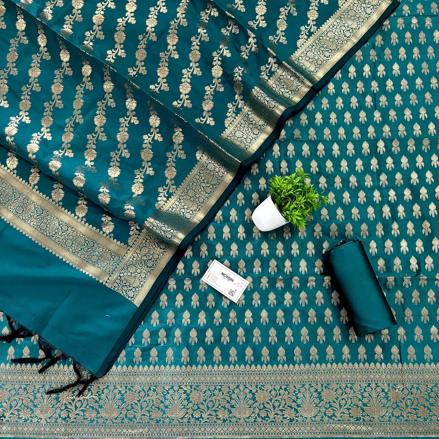 Teal Rocket Buti Satin Silk Banarasi Suit