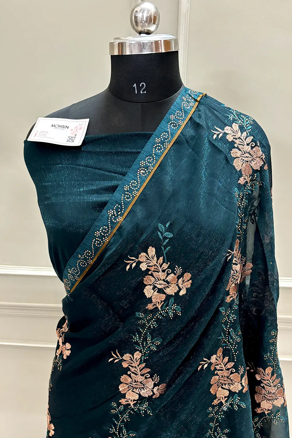 Teal Embordiery Siroski Work Georgette Silk Saree