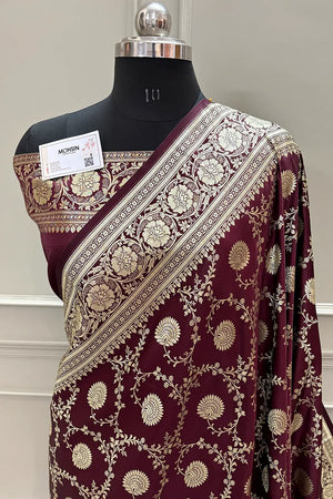 Wine Pankhuri Jaal Katan Silk Banarasi Saree