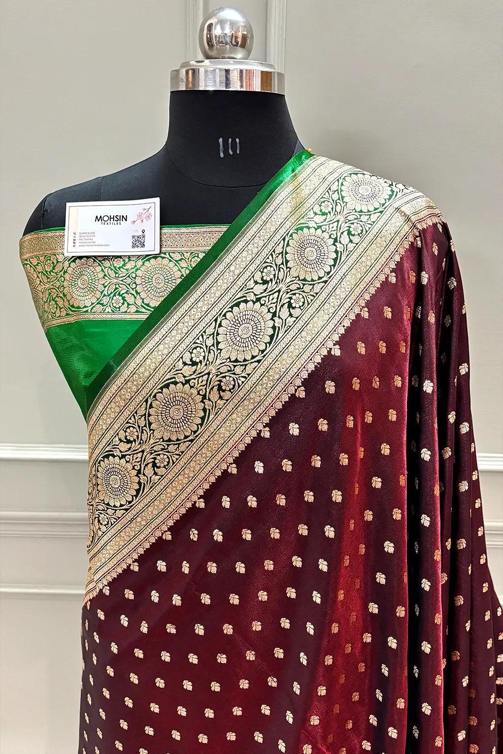 Wine and Green Makkhi Buti Katan Silk Banarasi Saree