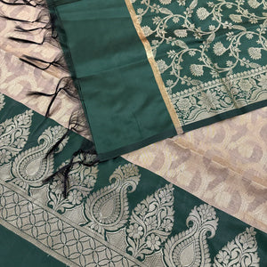 Beige and Bottle Green Kalgha Jaal Banarasi Silk Suit