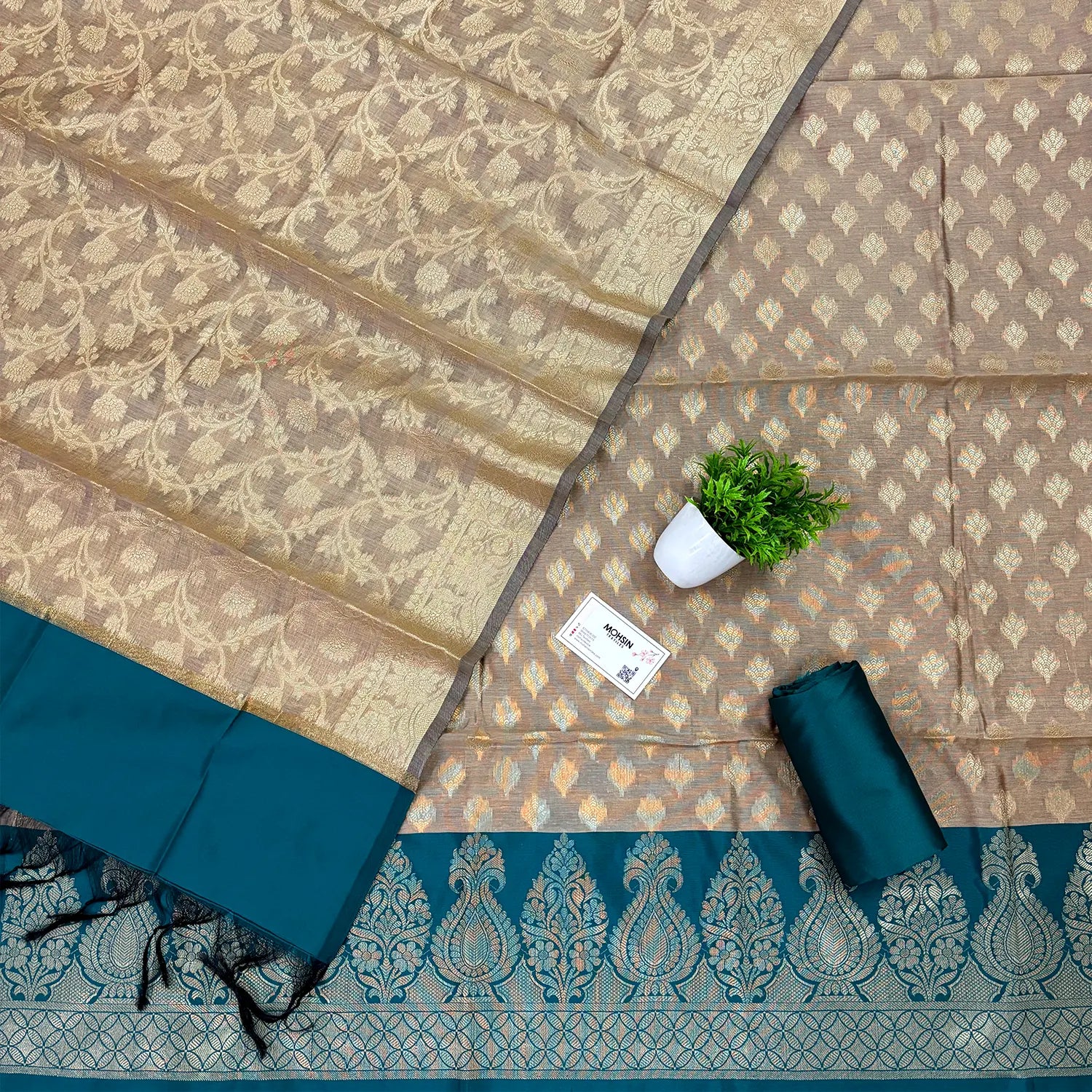 Beige and Teal Kalgha Patta Banarasi Silk Suit