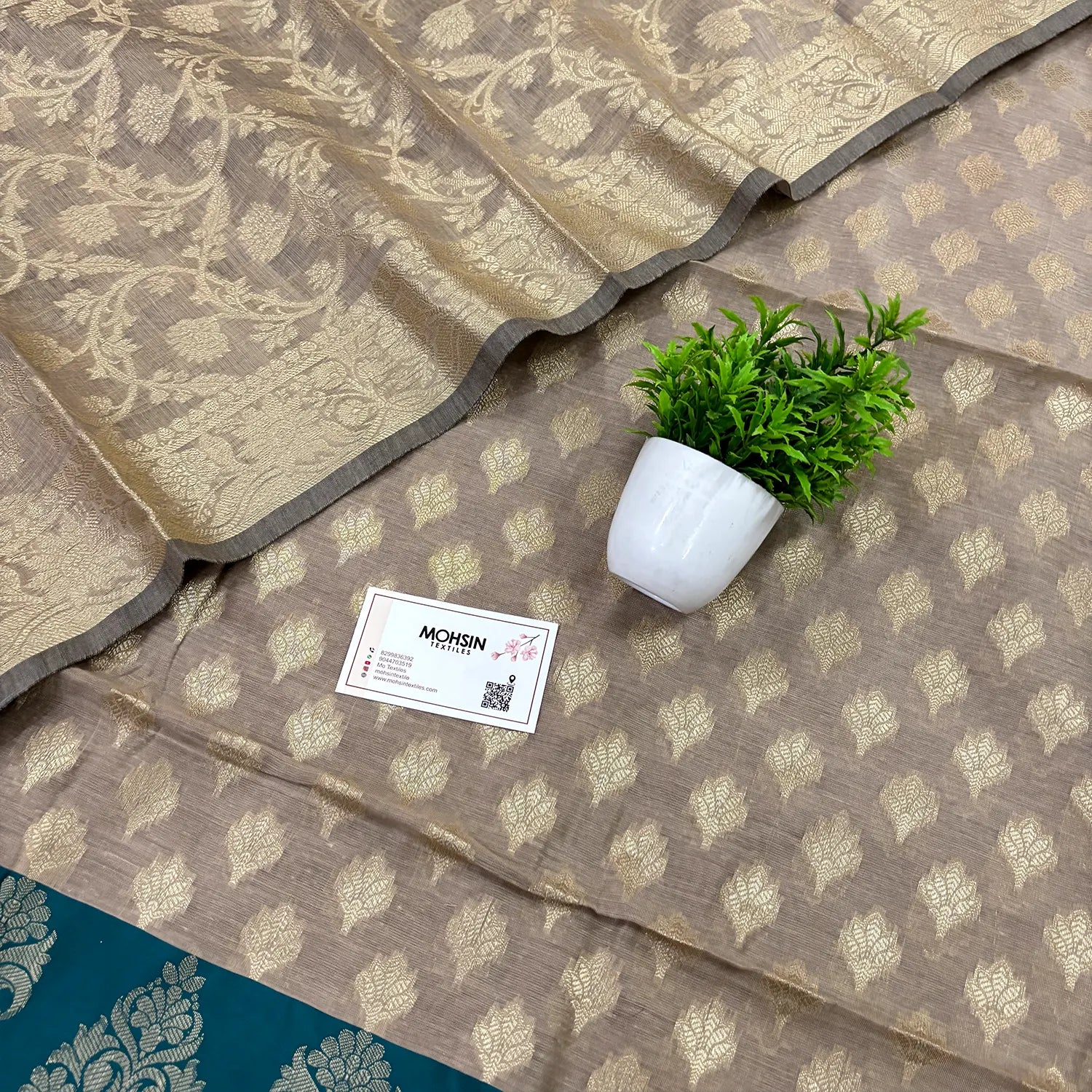 Beige and Teal Kalgha Patta Banarasi Silk Suit