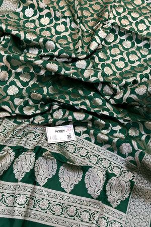 Bottle Green Patti Jaal Katan Silk Banarasi Dupatta