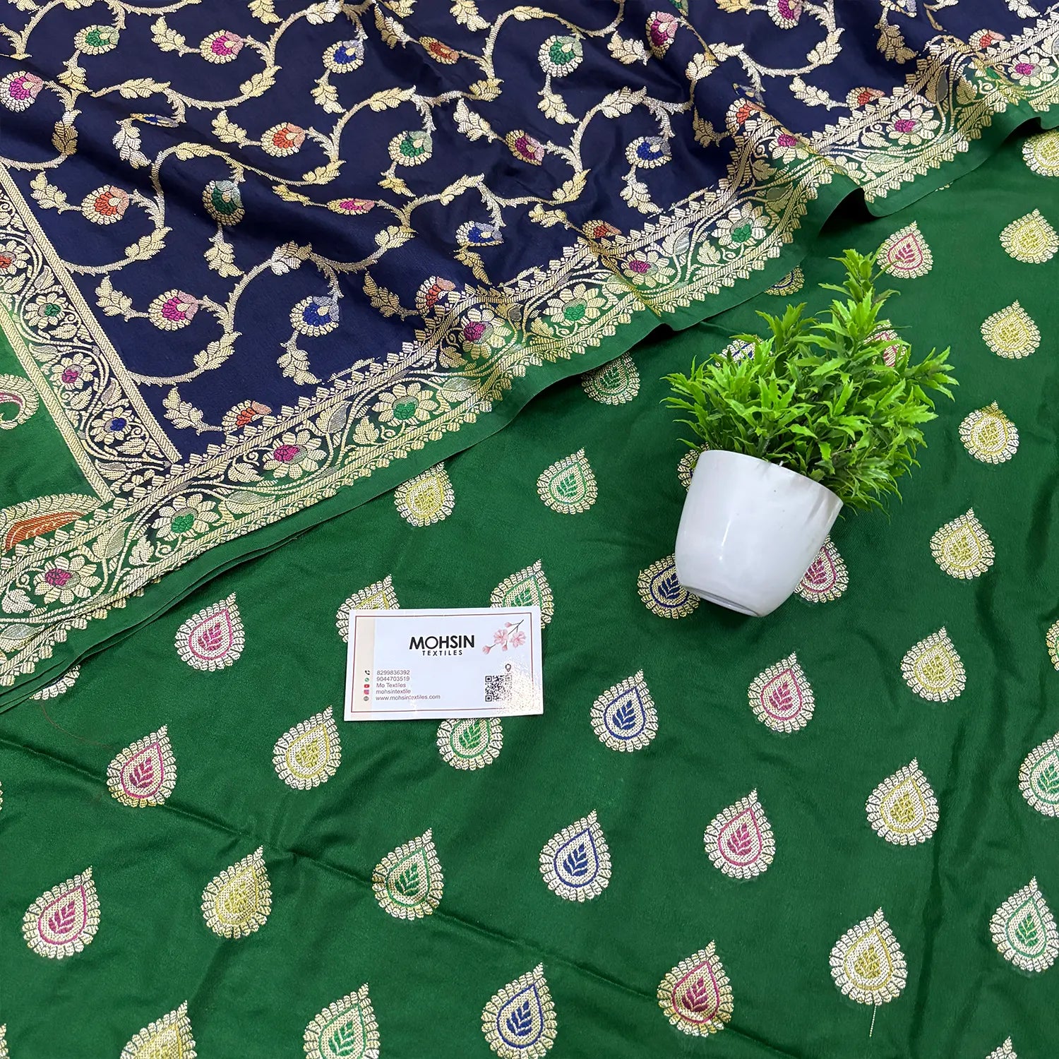 Bottle Green and Navy Blue Golden Zari Katan Silk Banarasi Suit