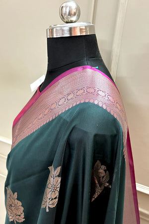 Bottle Green and Pink Golden Zari Banarasi Silk Saree