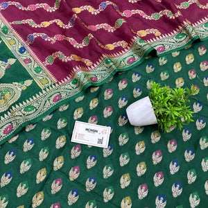 Bottle Green and Wine Golden Zari Katan Silk Banarasi Suit