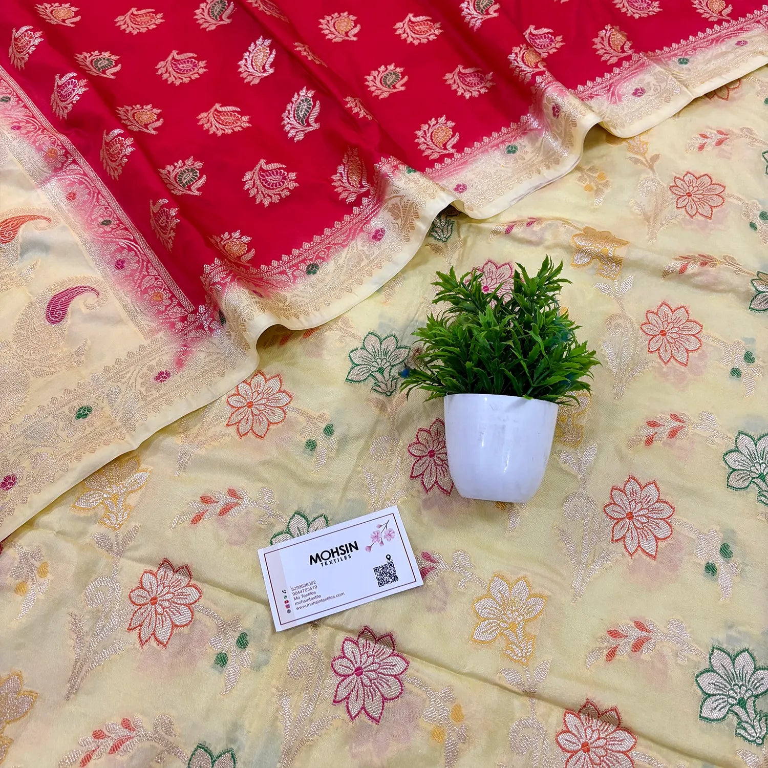 Cream and Red Golden Zari Katan Silk Banarasi Saree