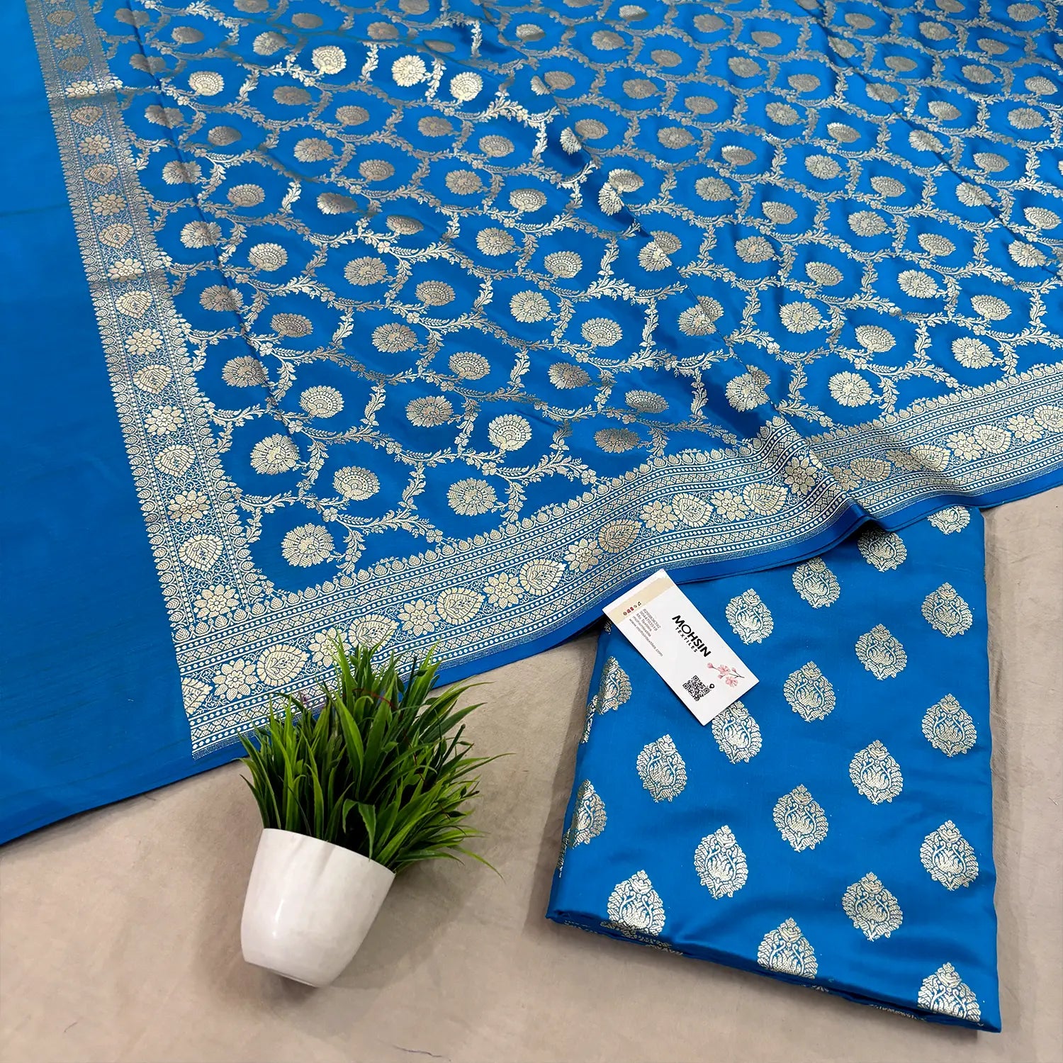 Firozi Golden Zari Katan Silk Banarasi Suit