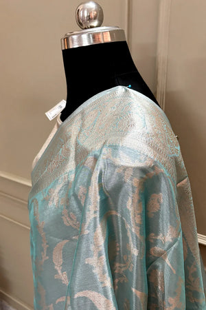 Firozi Golden Zari Tissue Silk Banarasi Saree