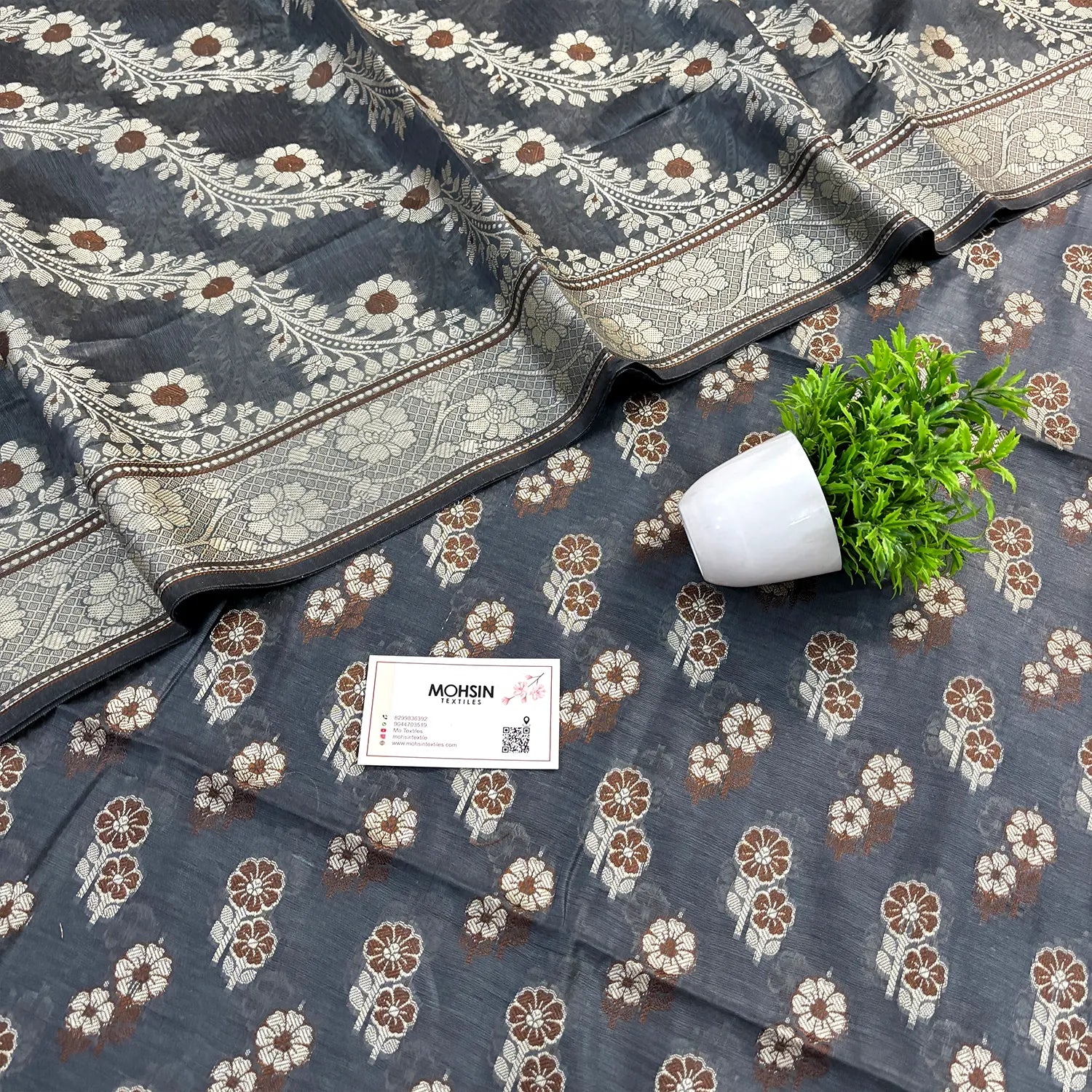 Grey Fan Flower Banarasi Silk Suit
