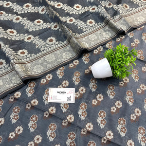 Grey Fan Flower Banarasi Silk Suit