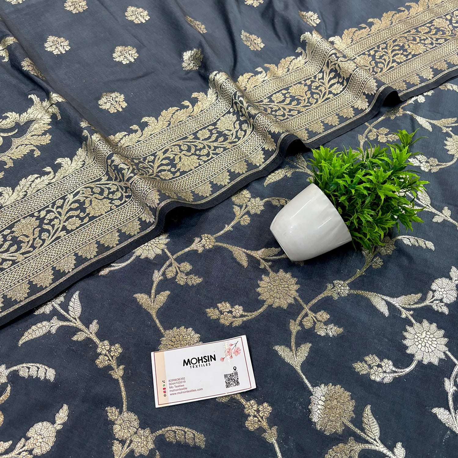 Grey Golden Zari Katan Silk Banarasi Suit