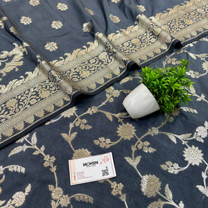 Grey Golden Zari Katan Silk Banarasi Suit