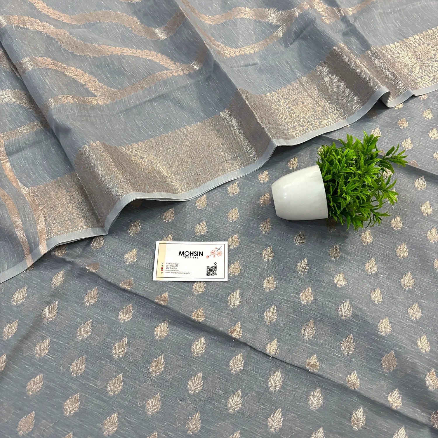 Grey Golden Zari Linen Silk Banarasi Suit