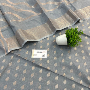 Grey Golden Zari Linen Silk Banarasi Suit