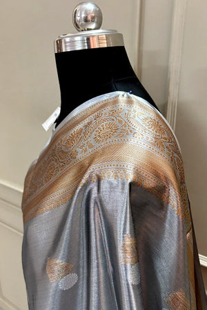 Grey Golden Zari Tissue Silk Banarasi Saree