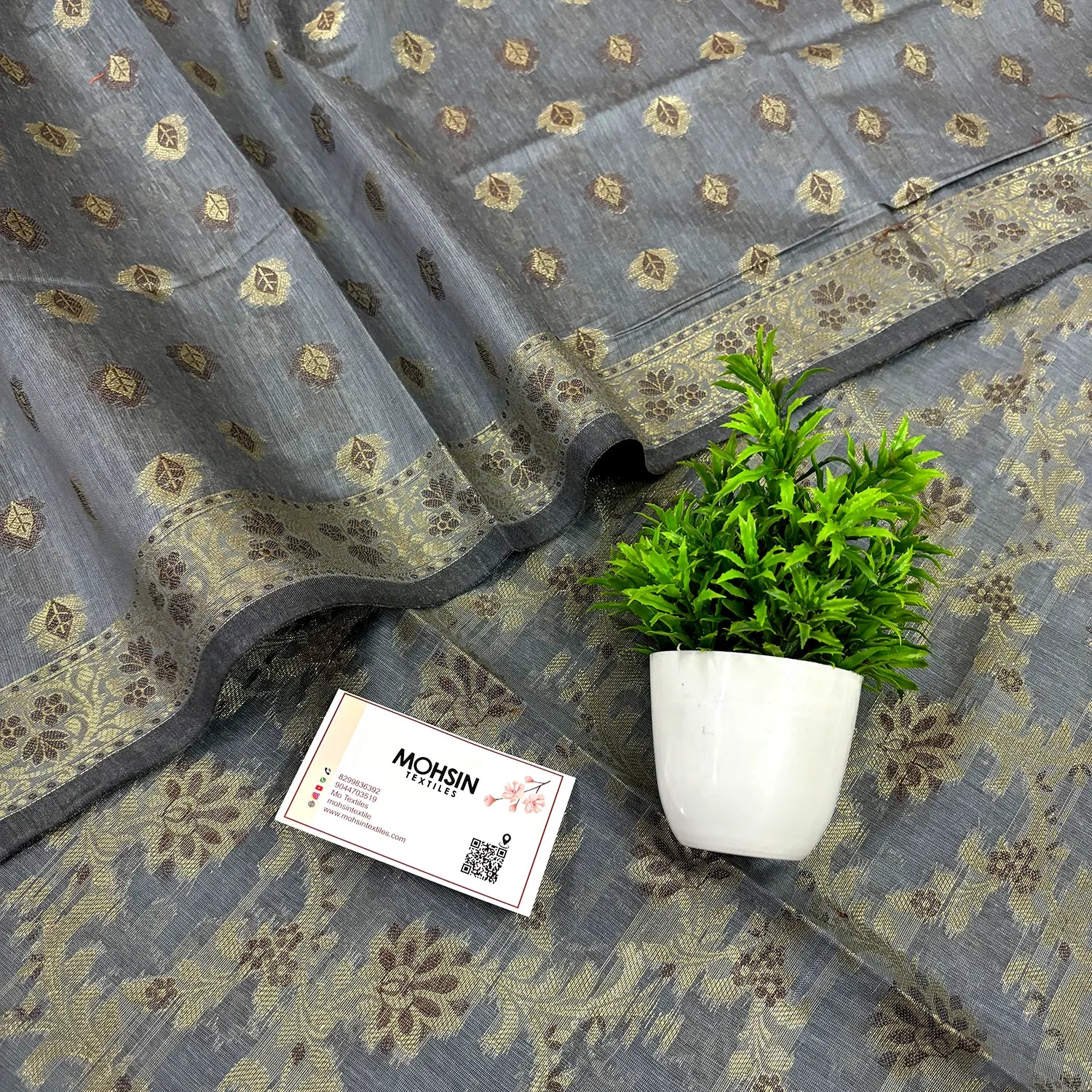 Grey Mogambo Jaal Satin Silk Banarasi Suit