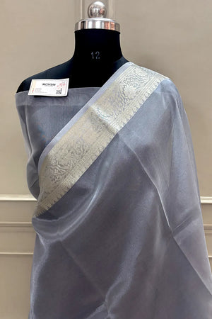 Grey Tarbana Plain Tissue Silk Banarasi Saree