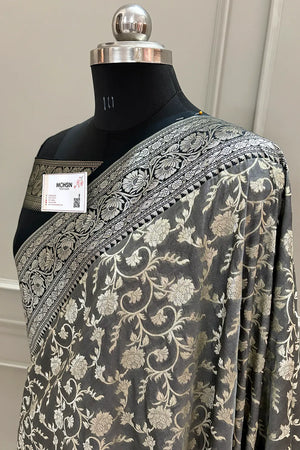 Grey and Black Gulabi Jaal Katan Silk Banarasi Saree