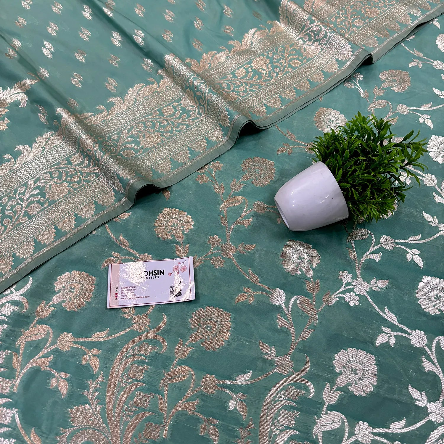 Mint Green Golden Zari Katan Silk Banarasi Suit