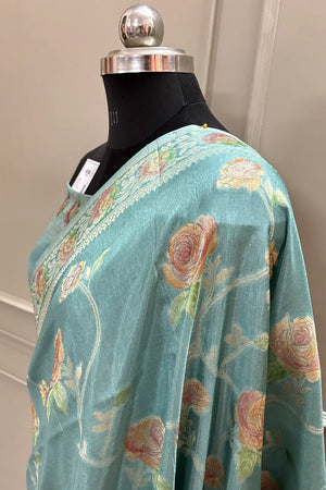 Mint Green Rosy Jaal Georgette Silk Banarasi Saree