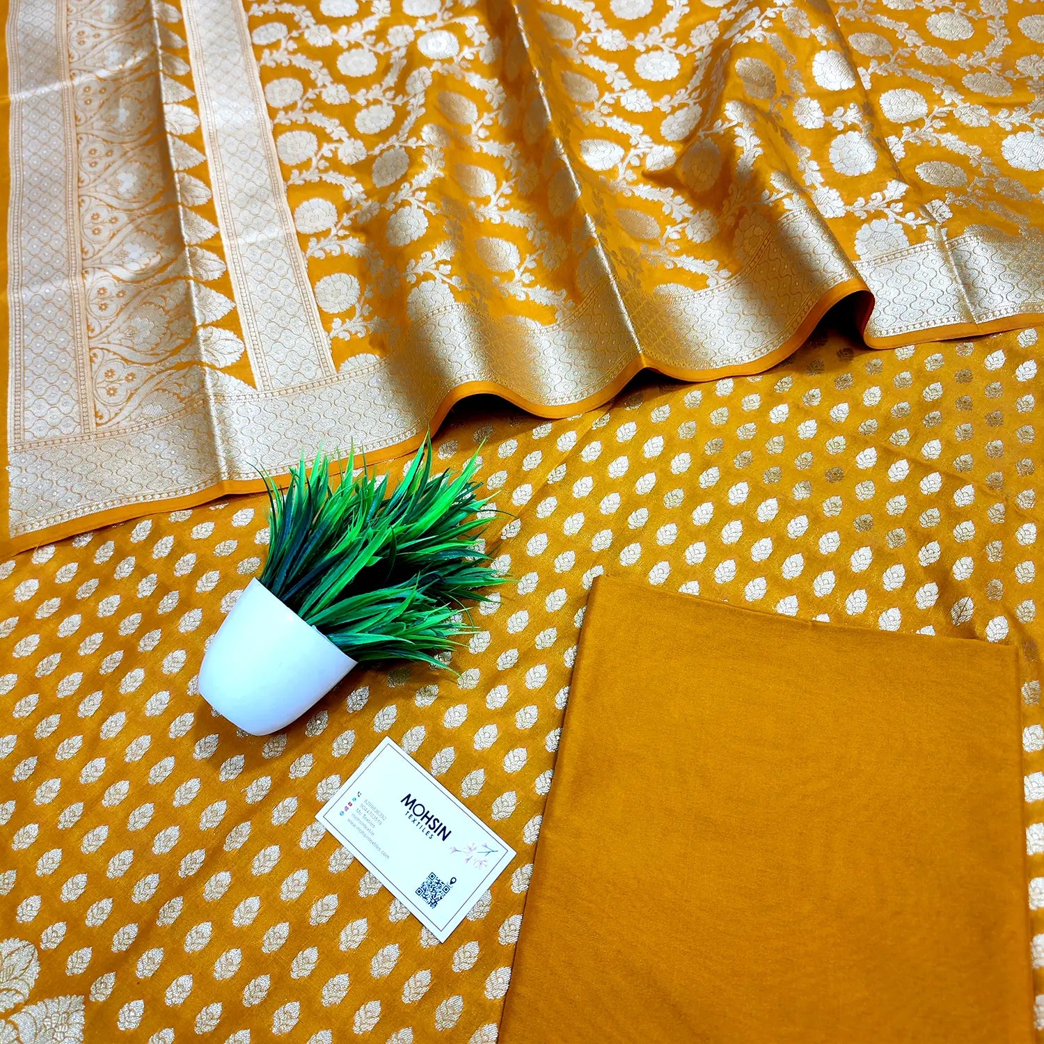 Mustard Kalli Buti Katan Silk Banarasi Suit