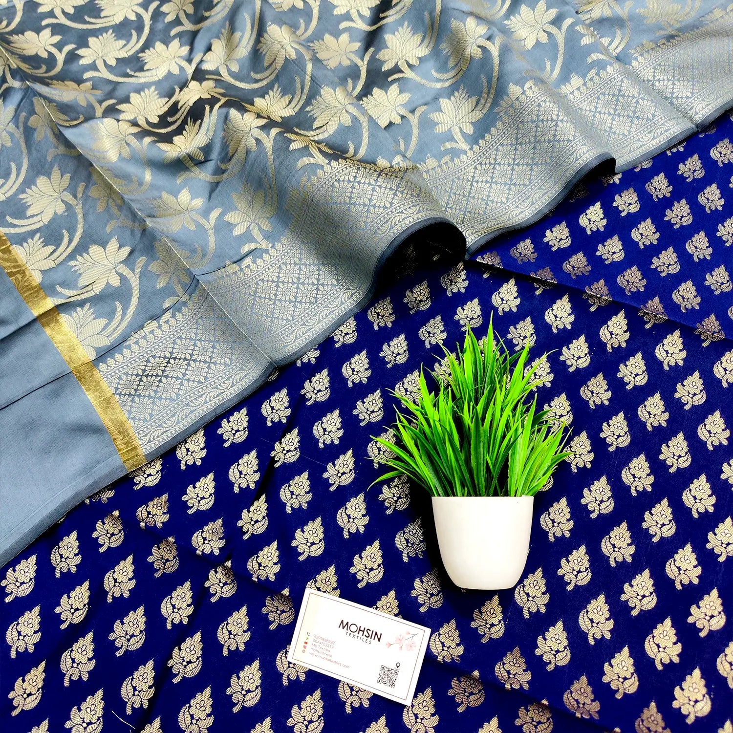 Navy and Grey Podha Satin Silk Banarasi Suit