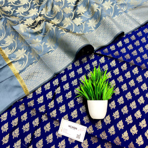 Navy and Grey Podha Satin Silk Banarasi Suit