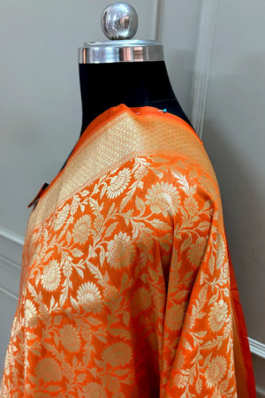 Orange Golden Zari Katan Silk Banarasi Dupatta