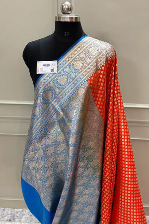 Orange and Blue Chidi Buti Katan Silk Banarasi Saree