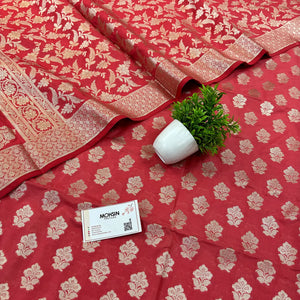 Peach Golden Zari Katan Silk Banarasi Suit