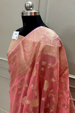 Peach Lotus Jaal Chanderi Silk Banarasi Saree
