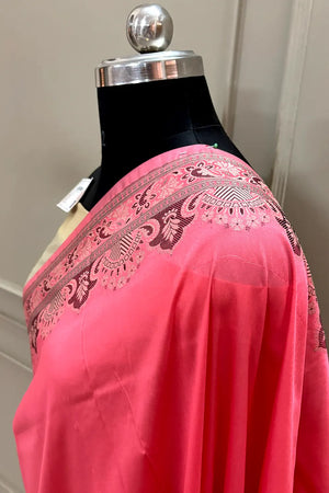 Peach and Beige Plain Resham Silk Banarasi Saree