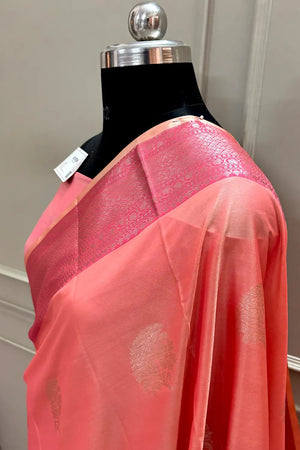 Peach and Pink Golden Zari Banarasi Silk Saree