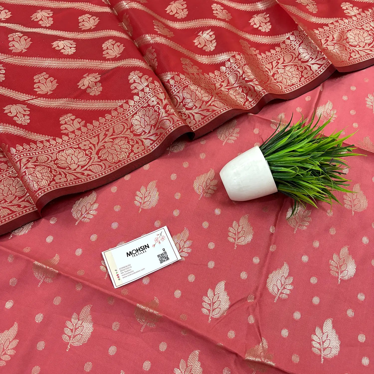 Peach and Red Pankh Buti Satin Silk Banarasi Suit