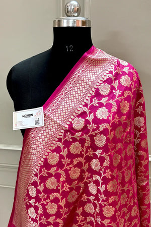 Pink Golden Zari Katan Silk Banarasi Dupatta