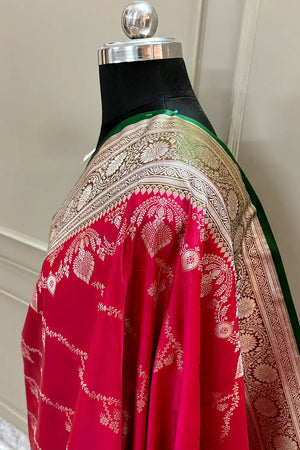 Pink and Bottle Green Golden Zari Katan Silk Banarasi Saree