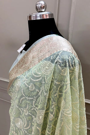 Pista Embroidery Organza Silk Banarasi Saree