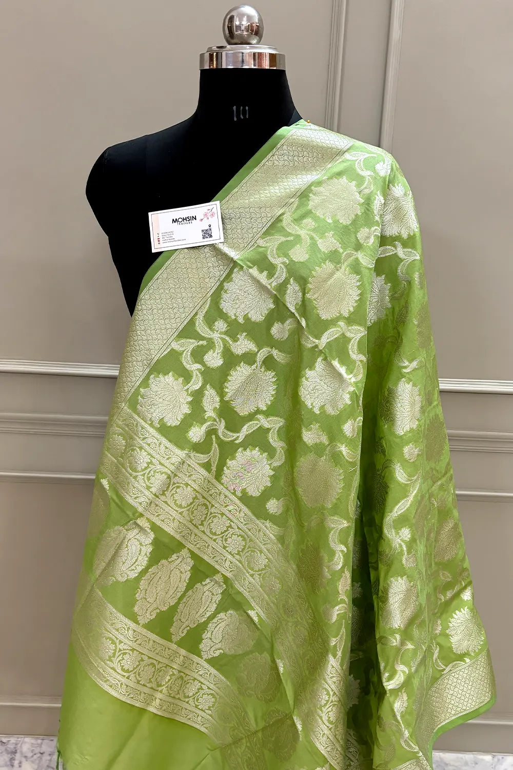 Pista Golden Zari Katan Silk Banarasi Dupatta
