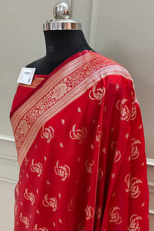 Red Galaxy Buti Katan Silk Banarasi Saree