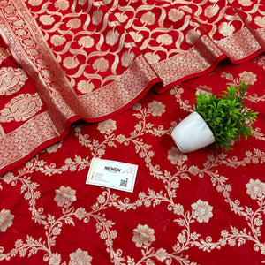 Red Kashmiri Jaal Katan Silk Banarasi Suit