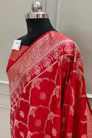 Red Mughal Mehrab Katan Silk Banarasi Saree