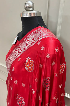 Red Pangi Buti Katan Silk Banarasi Saree